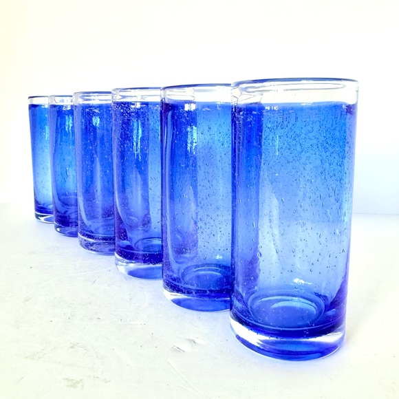 Set of 6 Vintage Cobalt Blue Art Bubble Glass Highball Tumblers – Bullicante - Picture 1 of 11